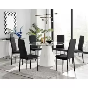 Image of Furniturebox Palma White Marble Effect 120cm Round Minimalist Dining Table & 6 Black Milan Black Leg Faux Leather Chairs