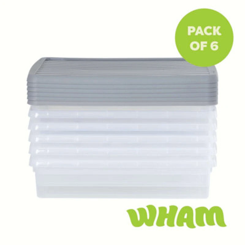 Image of 6 X Wham Box 14.75L Stackable Plastic Storage Box & Lid Clear/steel