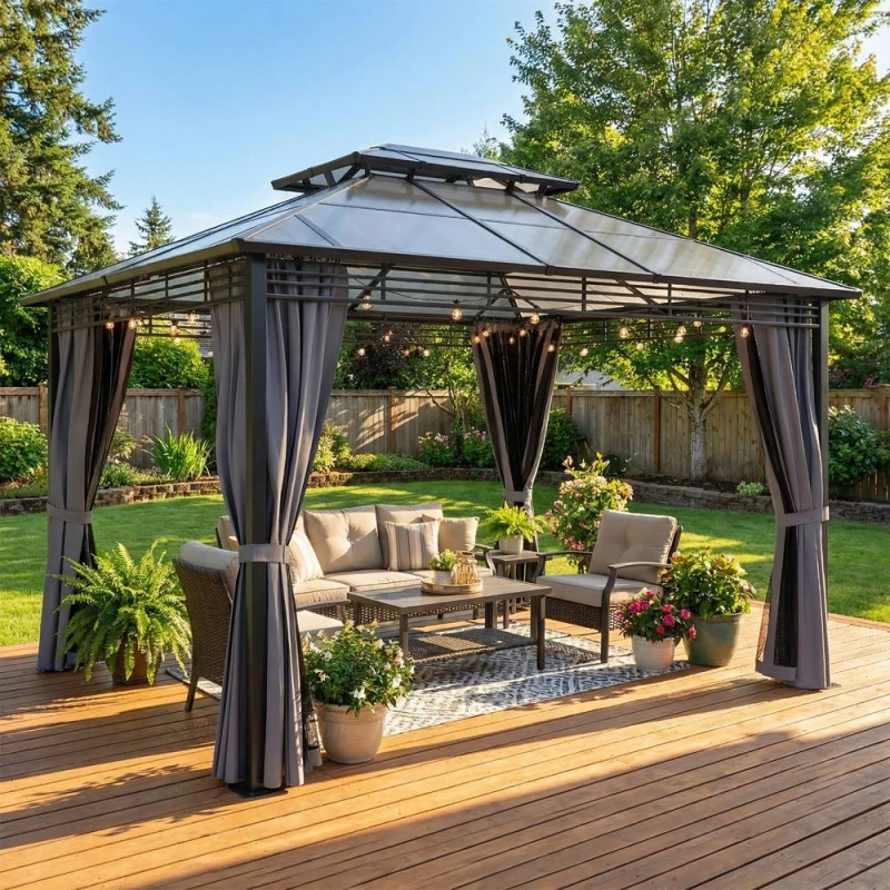 Image of OUTSUNNY 3 x 3.6 m Hardtop Gazebo with Sides, 2-Tier Roof Garden Gazebo in Dark Grey Size: 3m x 3m Dark Grey Unisex 3m x 3m