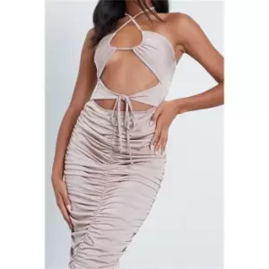 Image of I Saw It First Stone Slinky Cut Out Halterneck Ruched Front Midi Dress - Brown