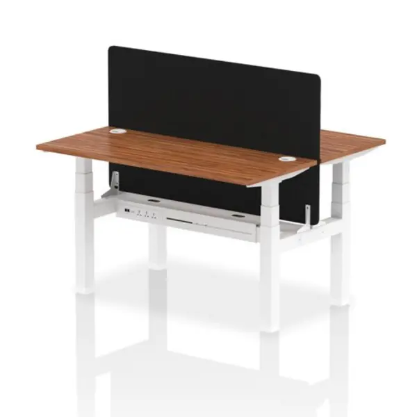Image of Air Air Back-to-Back 1400 x 600mm Height Adjustable 2 Person Bench Desk Walnut Top with Cable Ports White Frame with Black Straight Screen HASCP2P146