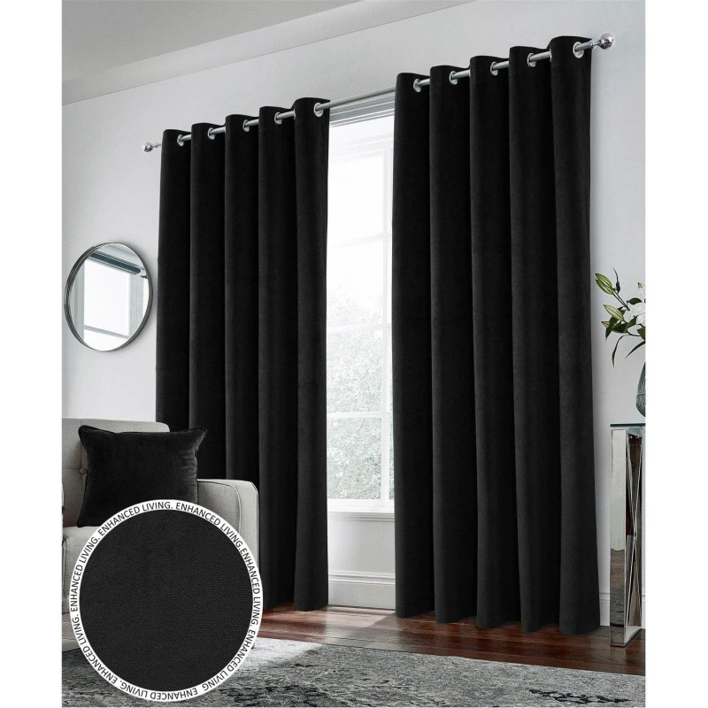 Image of Enhanced Living Hampton Black Velvet Blackout Thermal Ring Curtain Black unisex 117x183cm
