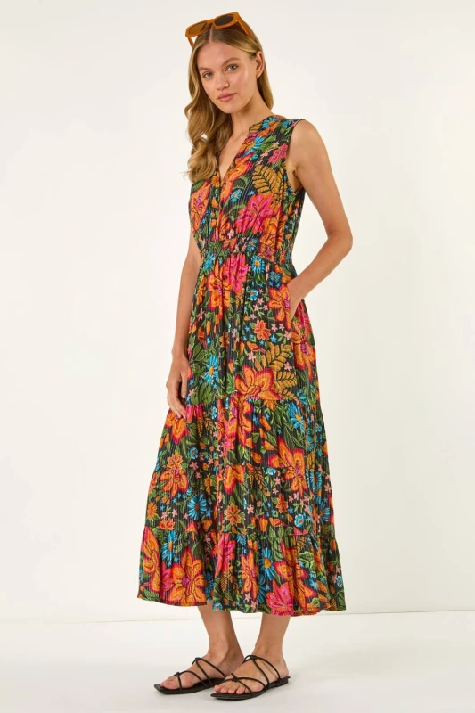 Image of Roman Womens Floral Shirred Maxi Dress in Red Size: 20 Red Female 20