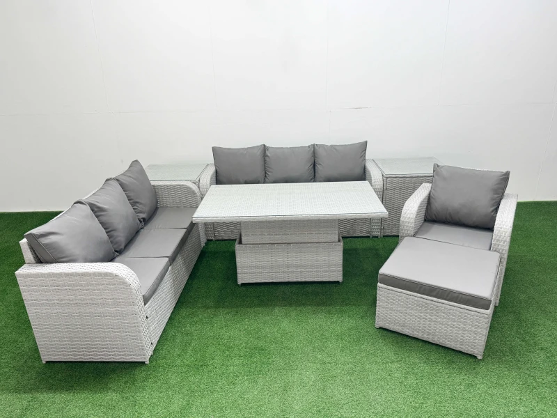 Image of Fimous 8 Seater Poly Rattan Outdoor Garden Furniture Adjustable Lifting Dining or Coffee Table Sofa Set Big Footstool 2 Side Table Light Grey