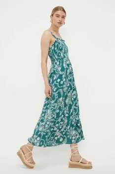 Image of Green Paisley Print Shirred Strappy Midi Dress