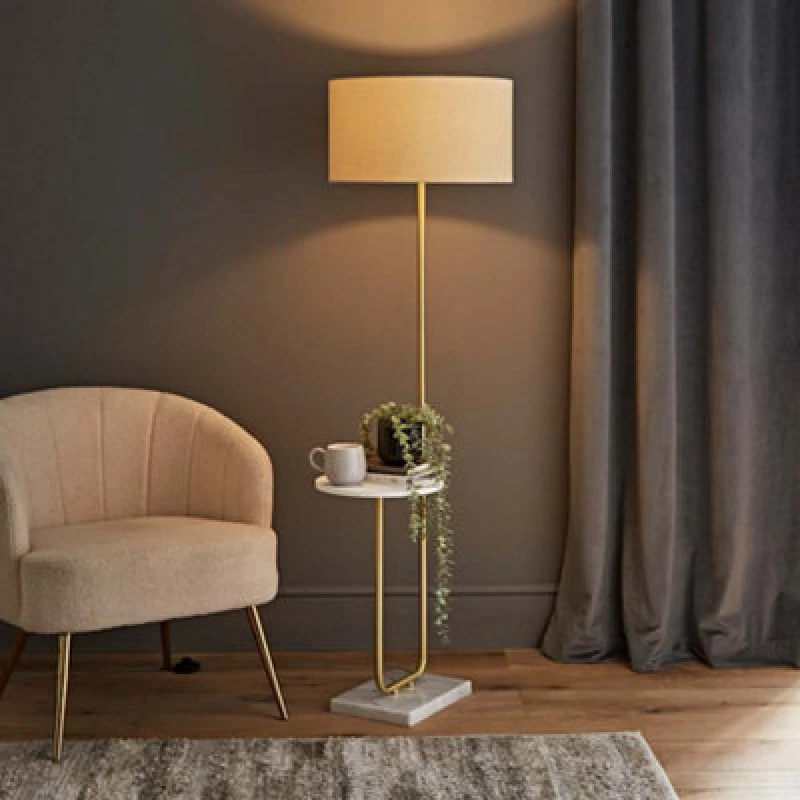 Image of ValueLights Tavel Brushed Gold Marble Base Floor Lamp With Table And Large Natural Shade Gold