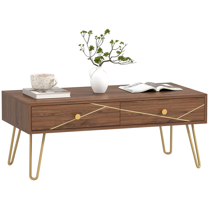 Image of HOMCOM Coffee Table with Drawers - Living Room Table with Steel Base TJ Hughes Brown 5063603592896