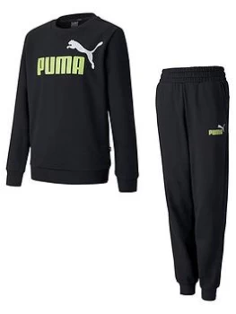 Image of Boys, Puma Essentials 2 Crew Sweatshirt & Logo Pant Set - Black/Lime, Black/Lime, Size 5-6 Years