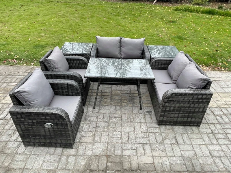 Image of Fimous Wicker PE Rattan Garden Dining Set Outdoor Furniture Sofa with Rectangular Dining Table 2 Side Tables Dark Grey Mixed Dark Grey