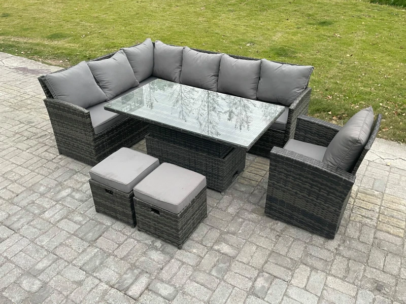 Image of Fimous Wicker PE Outdoor Rattan Garden Furniture Set Height Adjustable Rising Lifting Table Sofa Dining Set with 2 Small Footstools Armchair Dark Grey