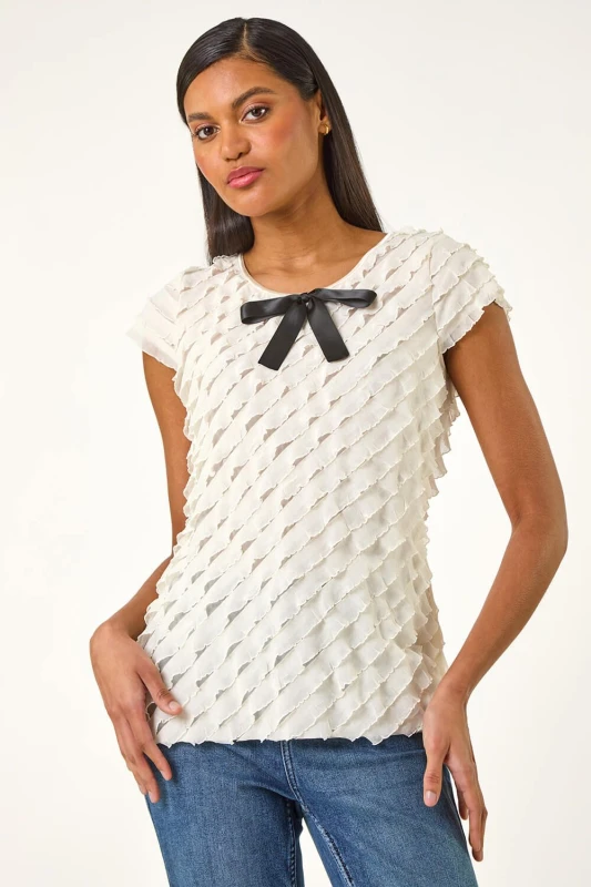 Image of Roman Womens Bow Front Frilled Top in Cream Size: 16 Cream Female 16