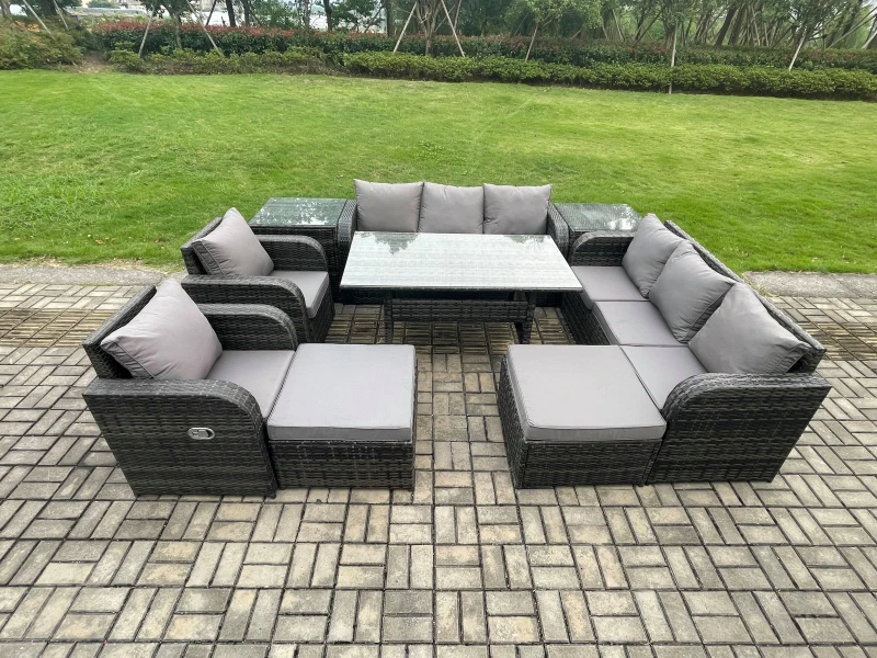 Image of Fimous 10 Seater Rattan Garden Furniture Set Oblong Rectangular Dining Table & Chairs Set with 3 Seater Sofa 2 Big Footstool 2 Side Tables Dark Grey U