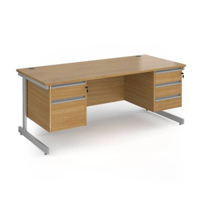 Image of Contract 25 Office Desk Rectangular Desk 1800mm With Double Pedestal Oak Top With Silver Frame 800mm Depth Contract 25 CC18S23-S-O Oak CC18S23