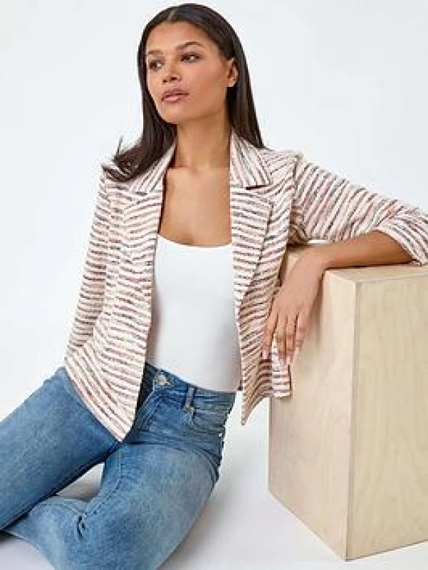 Image of Roman Womens Stripe Textured 3/4 Sleeve Cotton Blend Jacket in Orange Size: 10 Orange Female 10