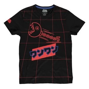 Image of Nintendo - Neon Japanese Chain Chomp Grid All-Over Print Mens Medium T-Shirt - Black