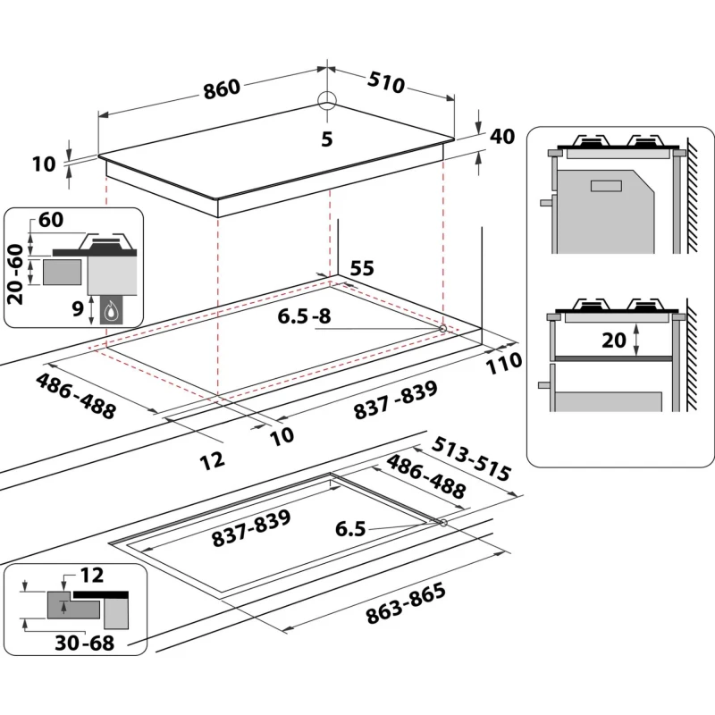 Image of Whirlpool GOWL958NB GOWL 958/NB W Collection 90cm 5 Burners Hob - Black Whirlpool GOWL958NB
