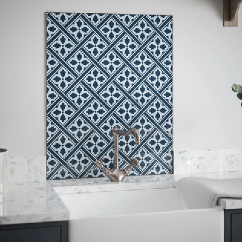 Image of Laura Ashley Mr Jones Midnight Seaspray Geometric Self-Adhesive Glass Splashback, (H)750mm (W)600mm (T)6mm