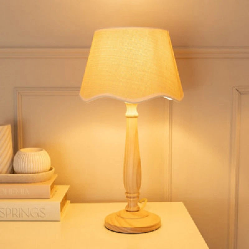 Image of ValueLights Victoria Light Wood Candlestick Table Lamp with Linen Scallop Trim Tapered Shade White