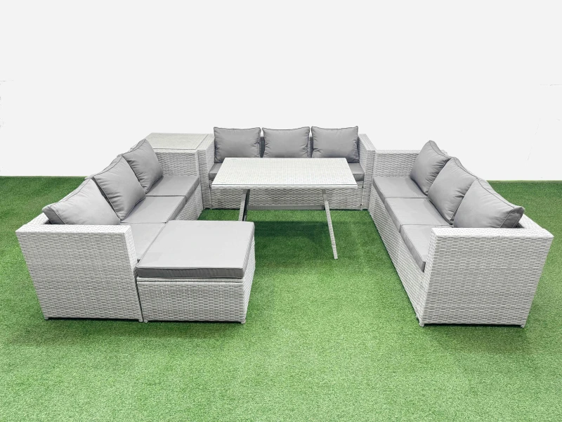 Image of Fimous 10 Seat Patio PE Rattan Garden Furniture with Side Table Big Stool in Light Grey Light Grey Unisex