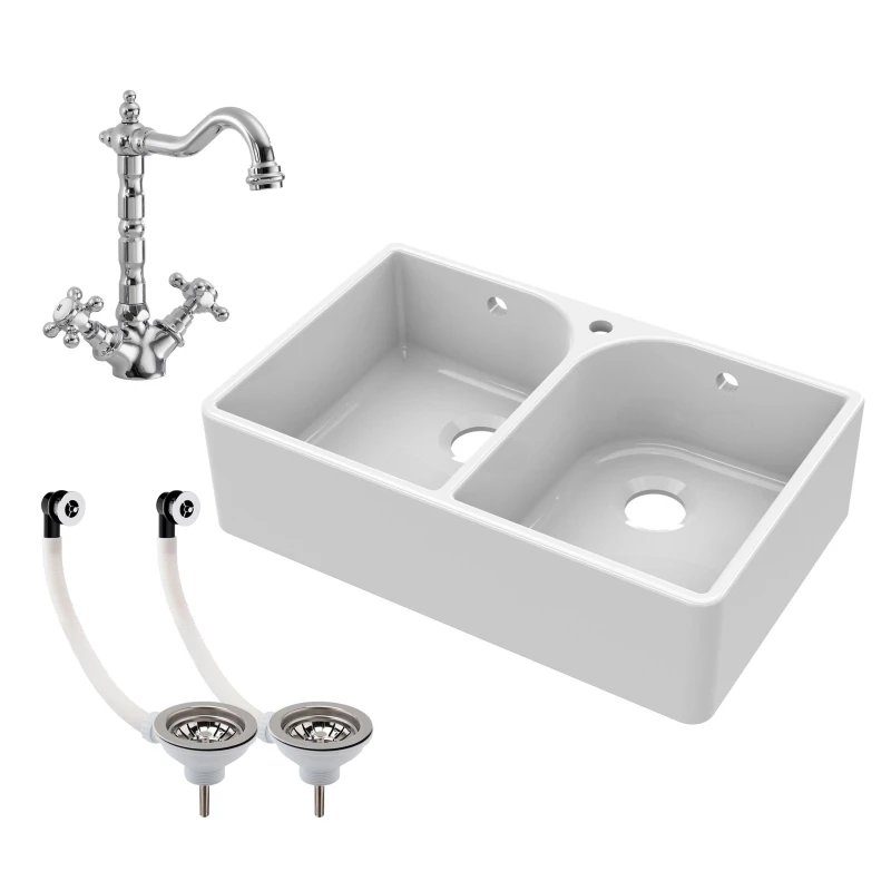 Image of Balterley 2 Bowl Fireclay Belfast Sink Tap Hole Full Wier Waste Mono Mixer Tap White unisex