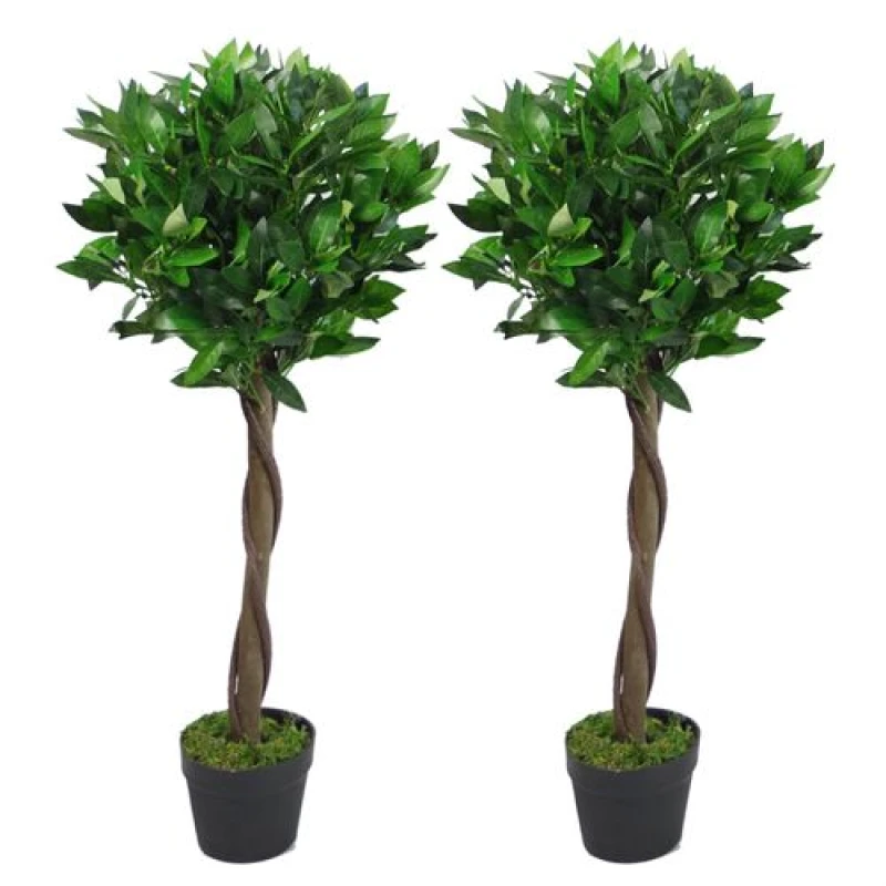 Image of Leaf Pair of 90cm (3ft) Twisted Stem Artificial Topiary Bay Laurel Ball Trees Green