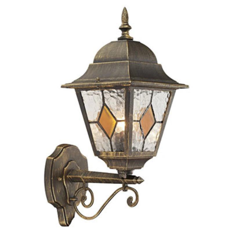 Image of Happy Homewares Black/gold Cast Aluminium Outdoor Wall Light With Amber Leaded Glass