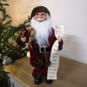 Image of 40cm Standing Father Christmas Decoration Santa Claus with Gifts & Names in Burgundy