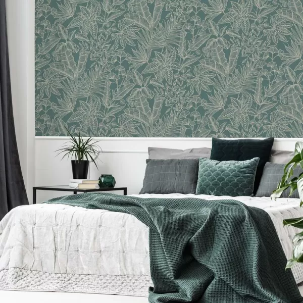 Image of Boutique Paradise Tropical Emerald Wallpaper - Grey