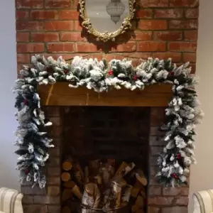 Image of 2.7m (9ft) Luxury Christmas Snow Flocked Green Garland with PVC Berries & Cones