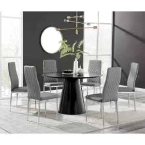Image of Furniture Box Palma Black Semi Gloss Round Dining Table and 6 Grey Milan Chrome Leg Chairs