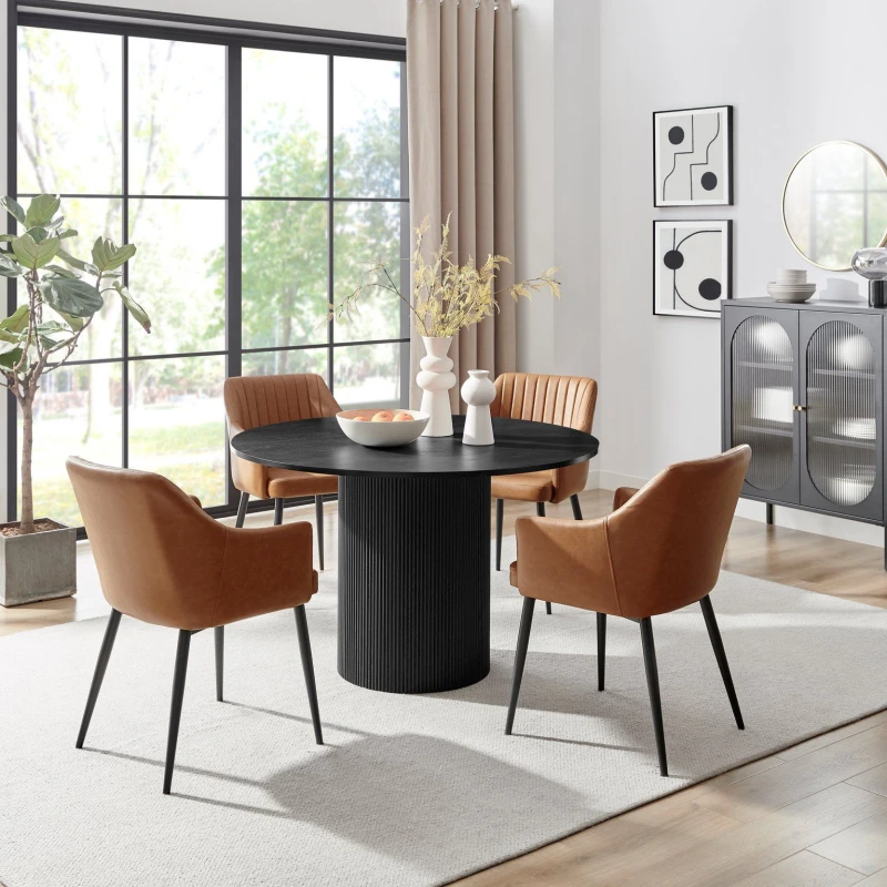 Image of FurnitureboxUK FurnitureboxUK Penrose Black Round Dining Table & 4 Calla Faux Leather Chairs in Tan Tan One Size Unisex 5061064385453