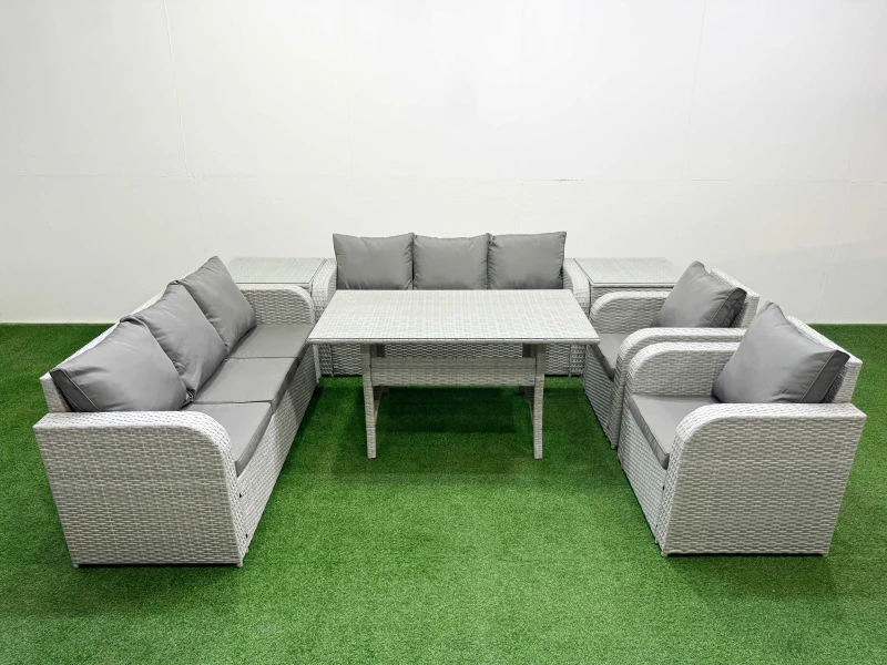 Image of Fimous PE Rattan High Back Lounge Sofa Set Patio Rectangular Dining Table & Chairs Set with 3 Seater Sofa Reclining Chair 2 Side Table Light Grey Ligh