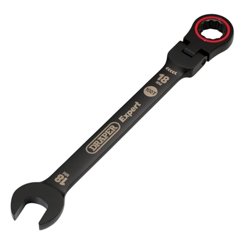 Image of Draper Expert HI-TORQ Metric Flexible Head Ratchet Combination Spanner, 18mm, Black 3925