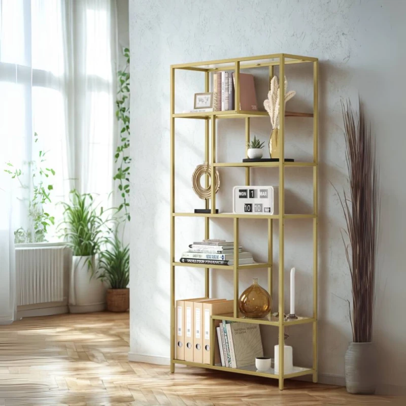 Image of Pirlo Plush 6 Tier Tempered Glass Shelving Unit Gold Gold Unisex