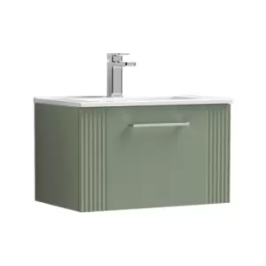 Image of Deco Satin Green 600mm Wall Hung Single Drawer Vanity Unit with 18mm Profile Basin - DPF894B - Satin Reed Green - Nuie