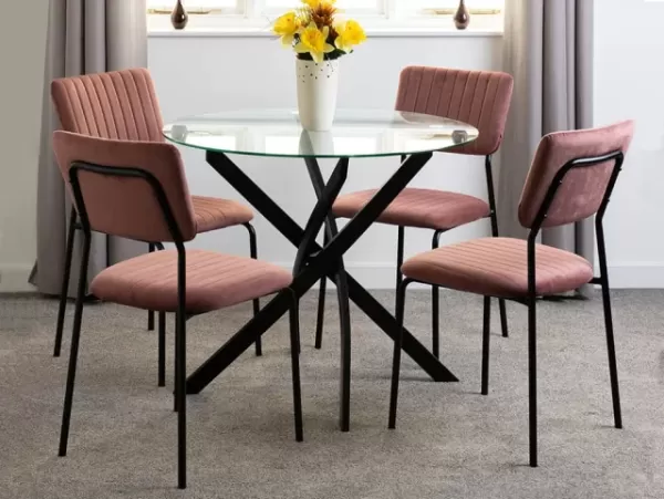 Image of Seconique Sheldon Glass and Black Dining Table and 4 Pink Velvet Chairs