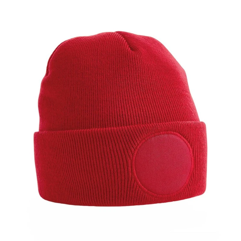 Image of Beechfield Beechfield Men Circular Patch Cuffed Beanie in Red Red One Size Male 5059444182044