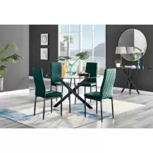Image of Furniture Box Novara Black Leg 120Cm Round Glass Dining Table and 4 Green Velvet Milan Black Leg Chairs