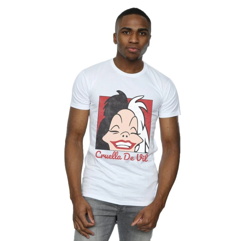 Image of Disney Men Cruella De Vil Cropped Head T-Shirt in White Size: Small White S Male 5057864248135