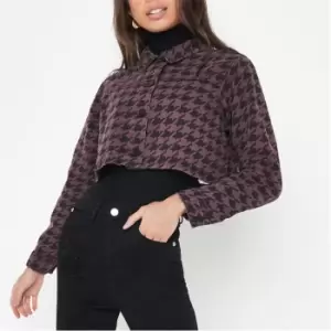 Image of Missguided Petite Houndstooth Print Cropped Denim Jacket - Brown