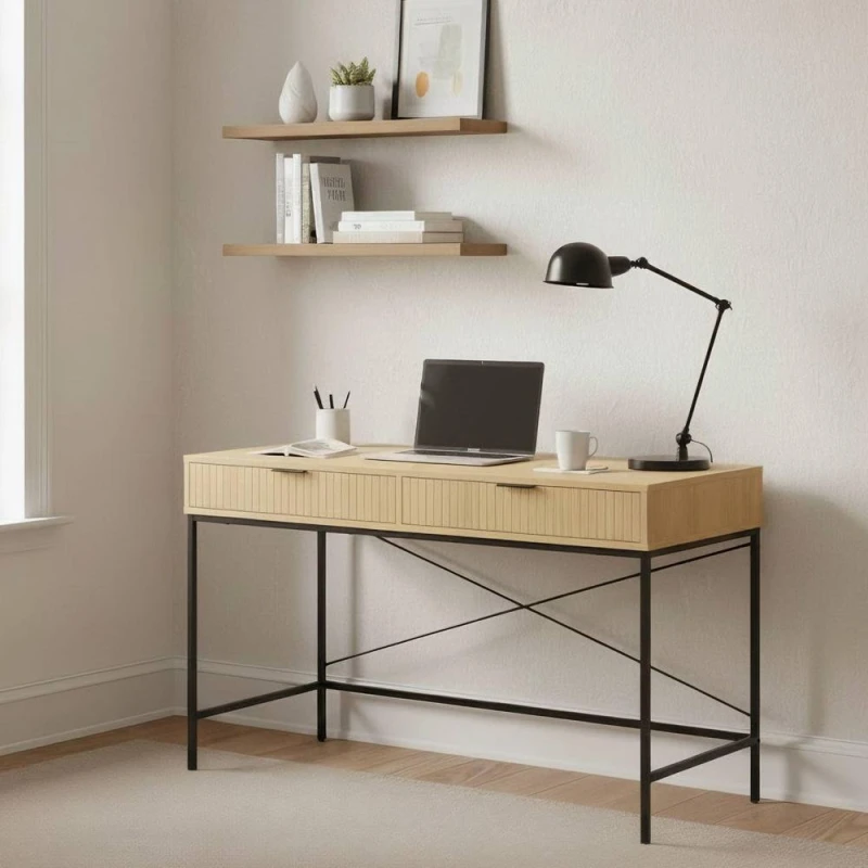 Image of Home Source Wisbech 2 Drawer Desk Compact Computer Workstation Home Office Table Multicolor Unisex