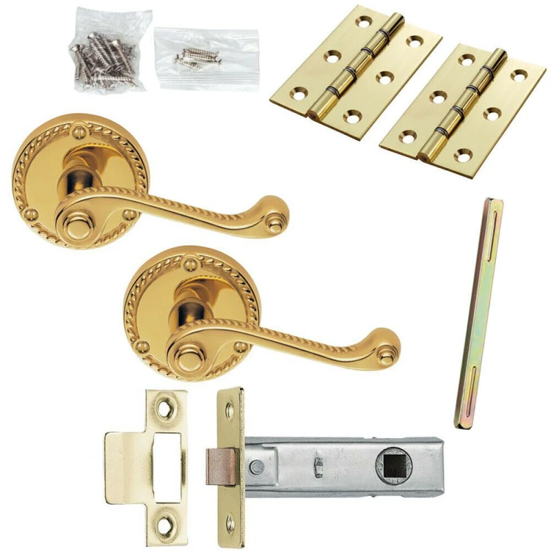 Image of Loops Door Handle & Latch Pack Brass Georgian Scroll Curved Screwless Round Rose Metallics