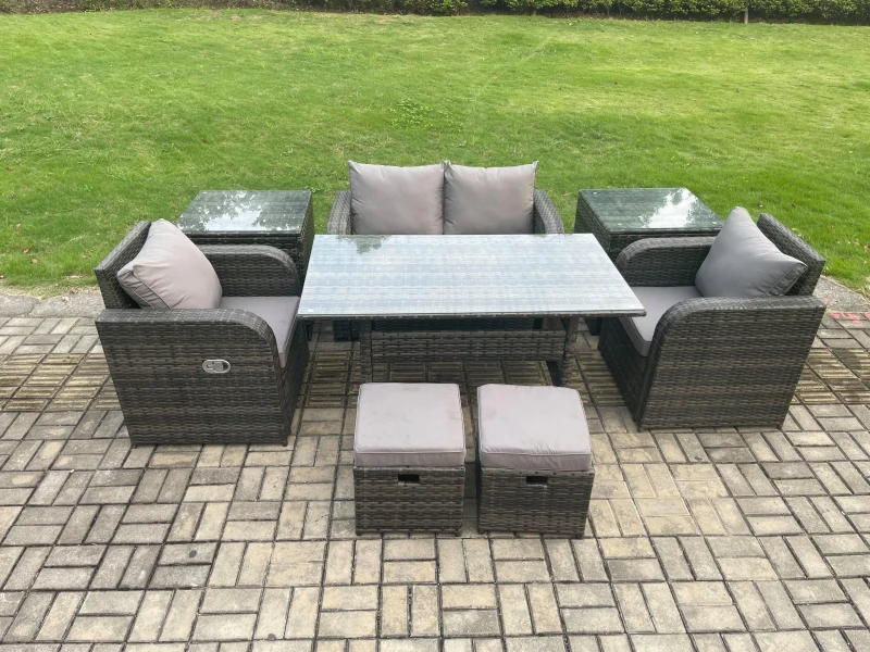 Image of Fimous Rattan Outdoor Garden Furniture Set Rectangular Dining Table & Chair Sofa Set With 2 Side Tables in Dark Grey Dark Grey Unisex