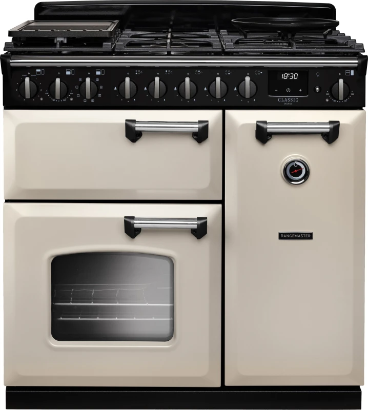 Image of Rangemaster Classic Deluxe CLDL90DFPPCR/CM1 90cm wide Dual Fuel Range Cooker with Gas Hob - Cream / Chrome - A Rated