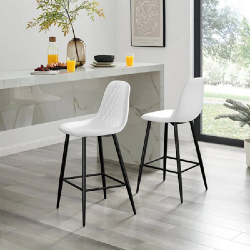 Image of FurnitureboxUK FurnitureboxUK Corona Set of 2 Bar Stools - Faux Leather Bar Chair With Black Legs - Kitchen Island Stool in White White One Size Unise