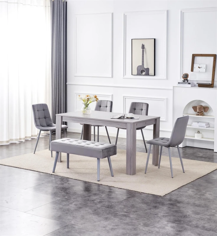 Image of KOSY KOALA KOSY KOALA Dining Table and 4 Chairs With Bench Grey 4 Grey Velvet Chairs Wood Table Dining Set Furniture Size: 140cm x 80cm Grey 140cm x