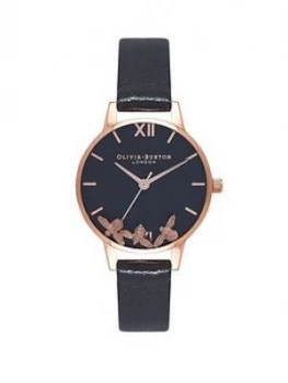 Image of Olivia Burton Busy Bees Black and Rose Gold Dial Black Leather Strap Ladies Watch, One Colour, Women