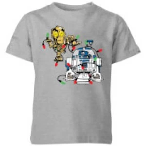 Image of Star Wars Tangled Fairy Lights Droids Kids Christmas T-Shirt - Grey - 9-10 Years
