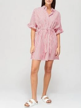 Image of Tommy Jeans Frill Sleeve Stripe Shirt Dress - White