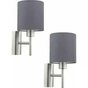 Image of 2 pack Wall Light Colour Satin Nickel Shade Grey Fabric Rocker Switch E27 1x60W